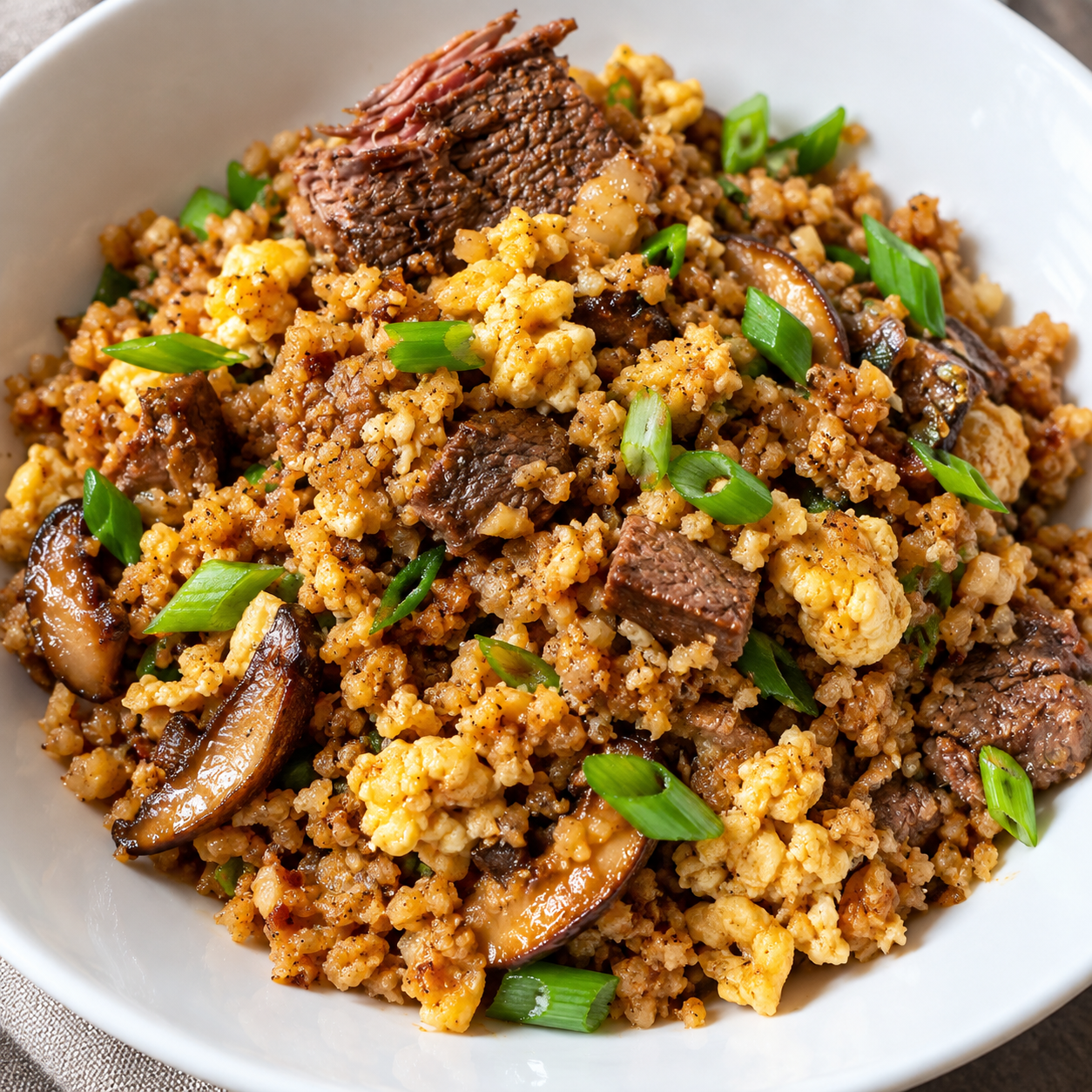 Steak and shiitake cauliflower fried rice with scrambled eggs and green onions